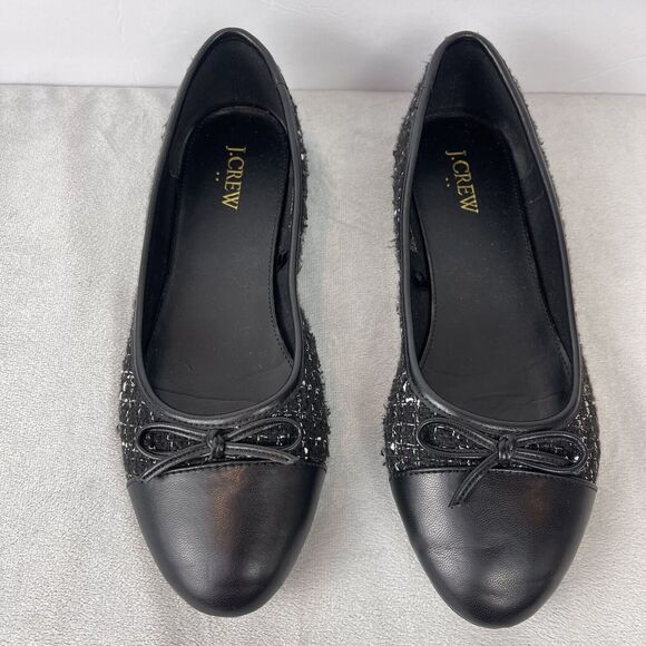 J Crew Women Striped Print Cap Toe Bow Tie Slip-On Textured Flats Black Size 8.5 - Picture 4 of 11